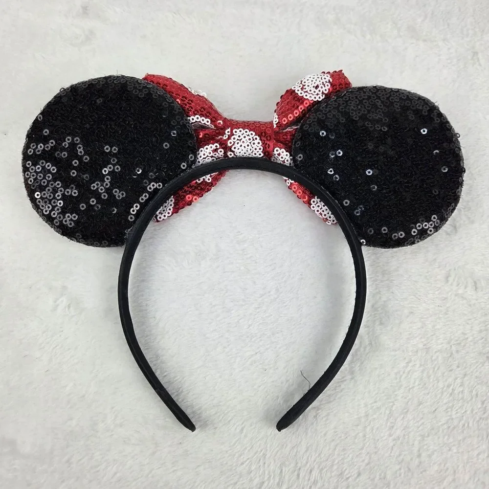 Sequined Minnie Mouse Ears Headband Set Red Bow And Orange Bat Disney